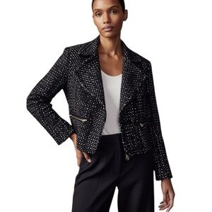 Ann Taylor Tweed Navy Cropped Moto Style Jacket